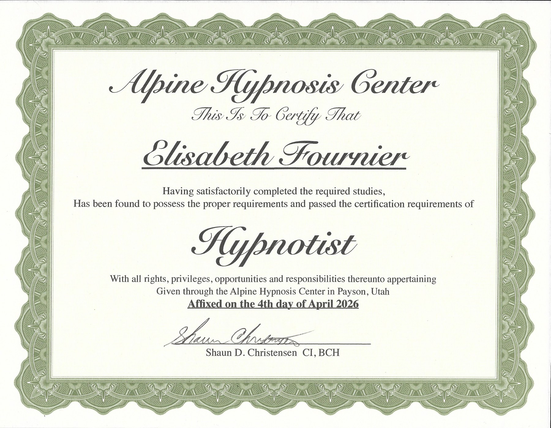 Hypnotist certification from Alpine Hypnosis Center