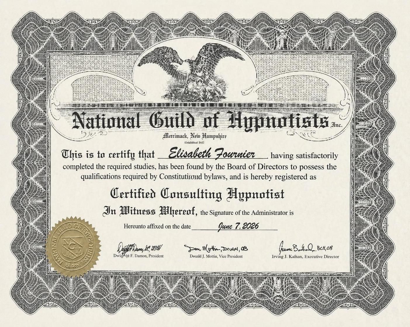 Certified Consulting Hypnotist certificate from the National Guild of Hypnotists